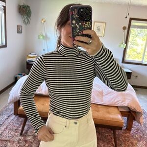 Black and White Striped Turtleneck Sweater Top
